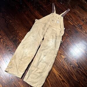 Carhartt Size Tag Faded Workwear Bib Overalls Beige Duck Canvas Distressed